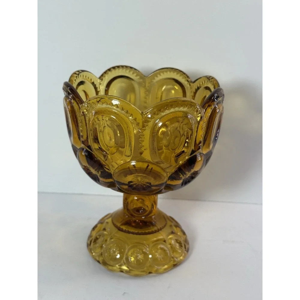 Vintage Amber Glass Moon and Stars Pedestal Candy Compote Scalloped Dish